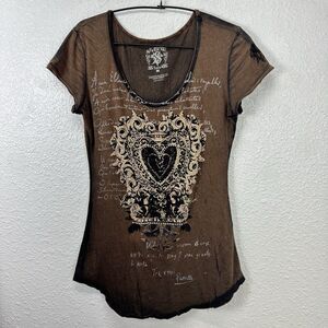 Velvet Stone T-shirt SzM Embellished Bling Crown Heart Brown Acid Wash Western